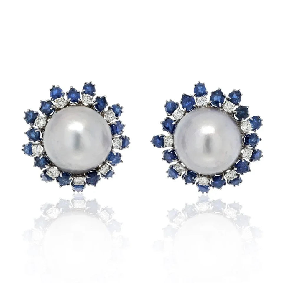 David Webb Platinum & 18K White Gold Sapphire, Diamond, Pearl Earrings - The Back Vault