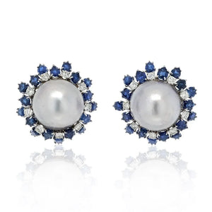 David Webb Platinum & 18K White Gold Sapphire, Diamond, Pearl Earrings