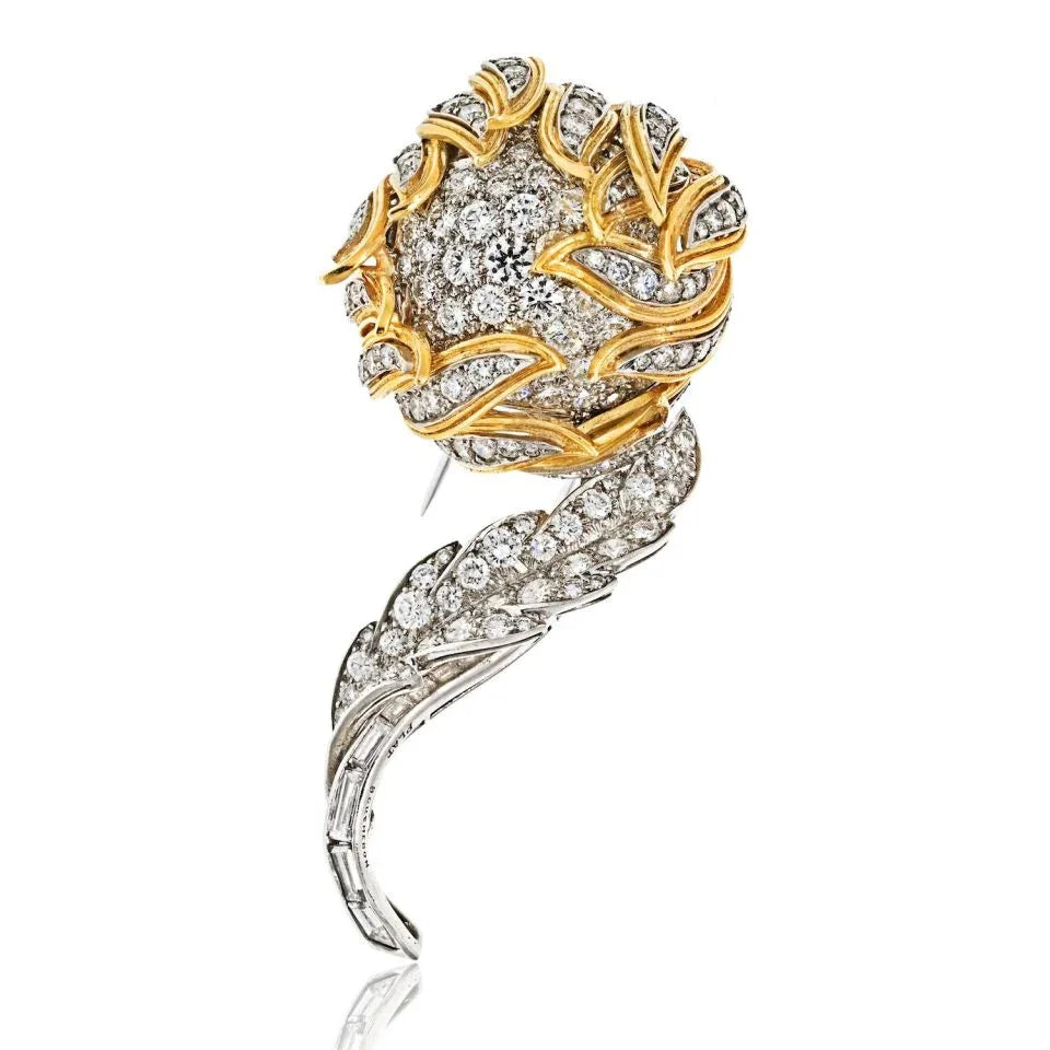 Platinum & 18K Yellow Gold 1970's Diamond Flower Brooch - The Back Vault