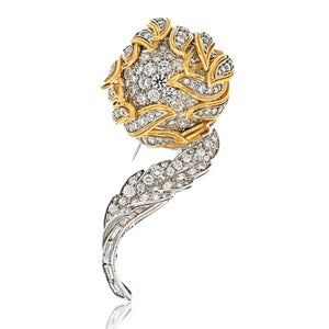 Platinum & 18K Yellow Gold 1970's Diamond Flower Brooch