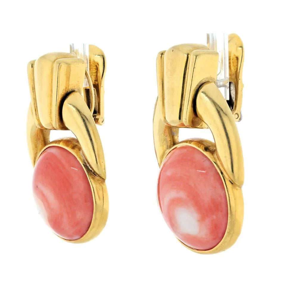 David Webb Platinum & 18K Yellow Gold Coral Button Doorknockers Earrings - The Back Vault