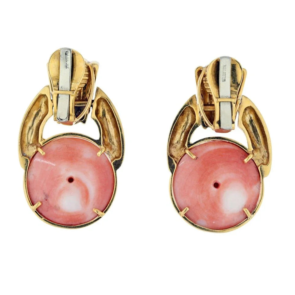 David Webb Platinum & 18K Yellow Gold Coral Button Doorknockers Earrings - The Back Vault