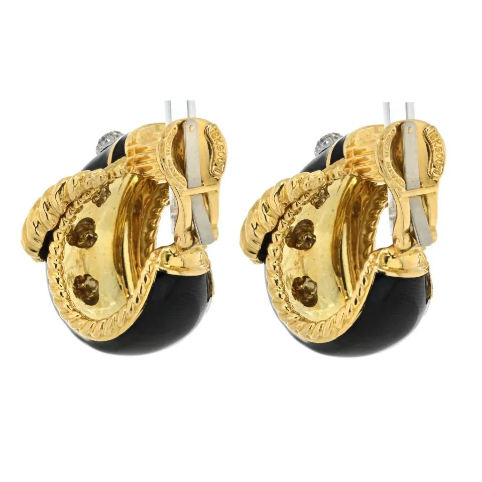 David Webb Platinum & 18K Yellow Gold Buckle Diamond Black Enamel Earrings - The Back Vault