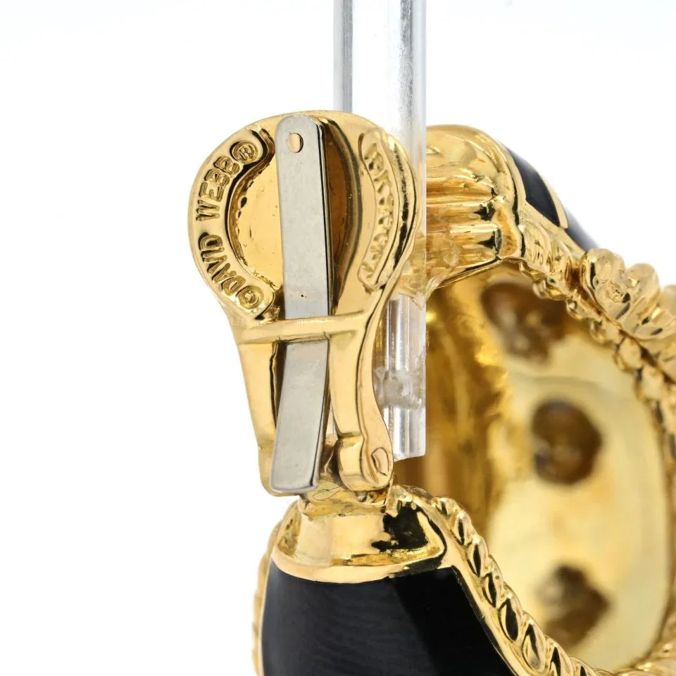 David Webb Platinum & 18K Yellow Gold Buckle Diamond Black Enamel Earrings - The Back Vault