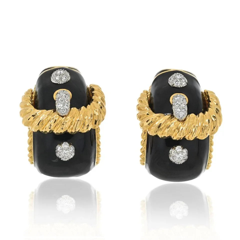 David Webb Platinum & 18K Yellow Gold Buckle Diamond Black Enamel Earrings - The Back Vault