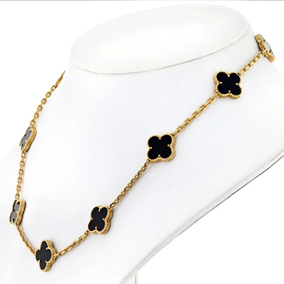 Van Cleef & Arpels Alhambra 18K Yellow Gold 10 Motif Onyx Alhambra Necklace - The Back Vault