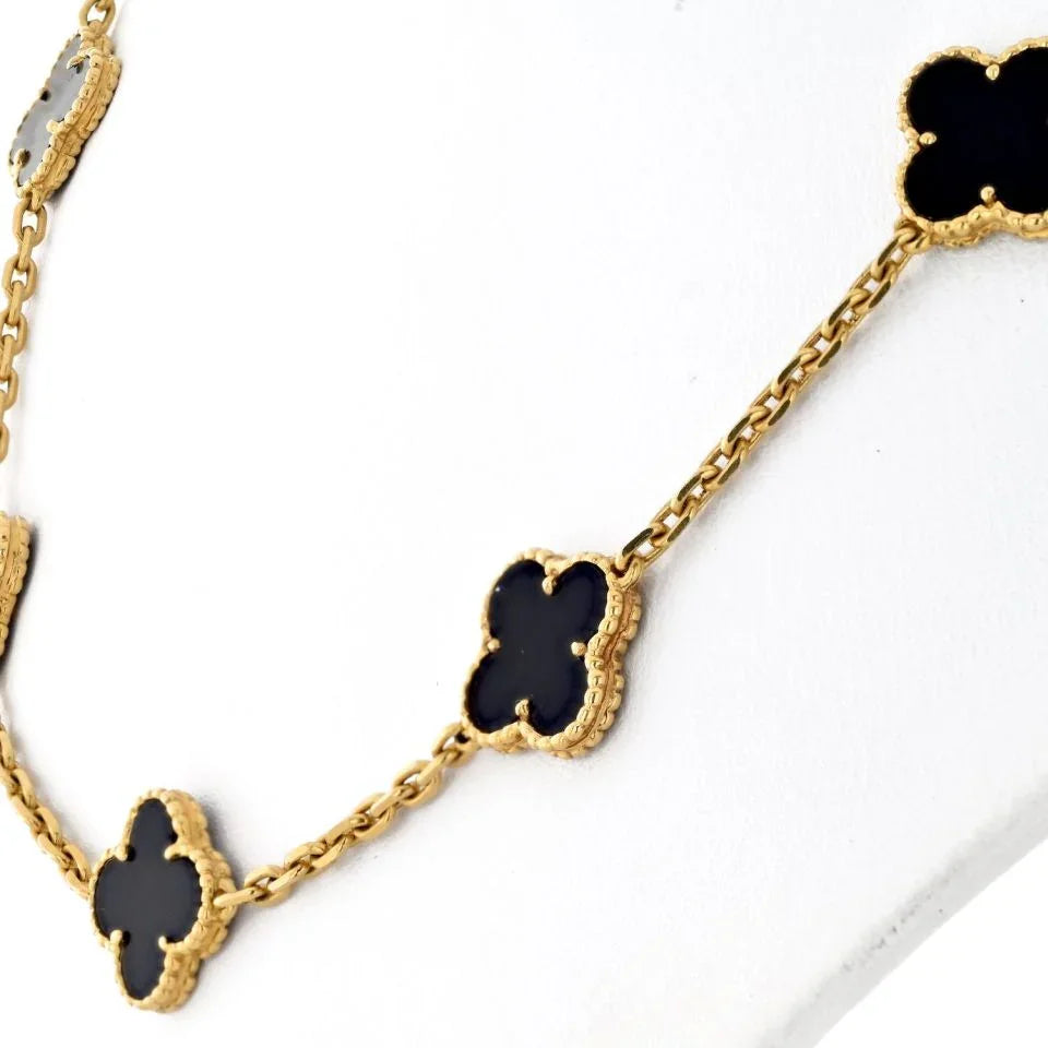 Van Cleef & Arpels Alhambra 18K Yellow Gold 10 Motif Onyx Alhambra Necklace - The Back Vault