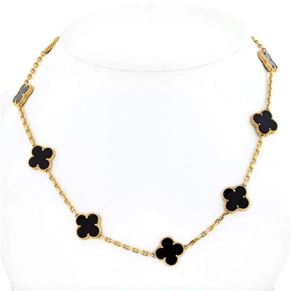 Van Cleef & Arpels Alhambra 18K Yellow Gold 10 Motif Onyx Alhambra Necklace - The Back Vault
