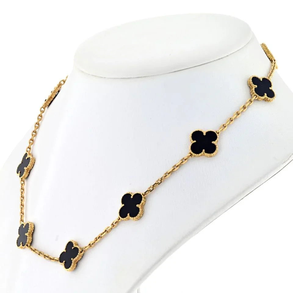 Van Cleef & Arpels Alhambra 18K Yellow Gold Black Onyx 10 Motif Necklace - The Back Vault