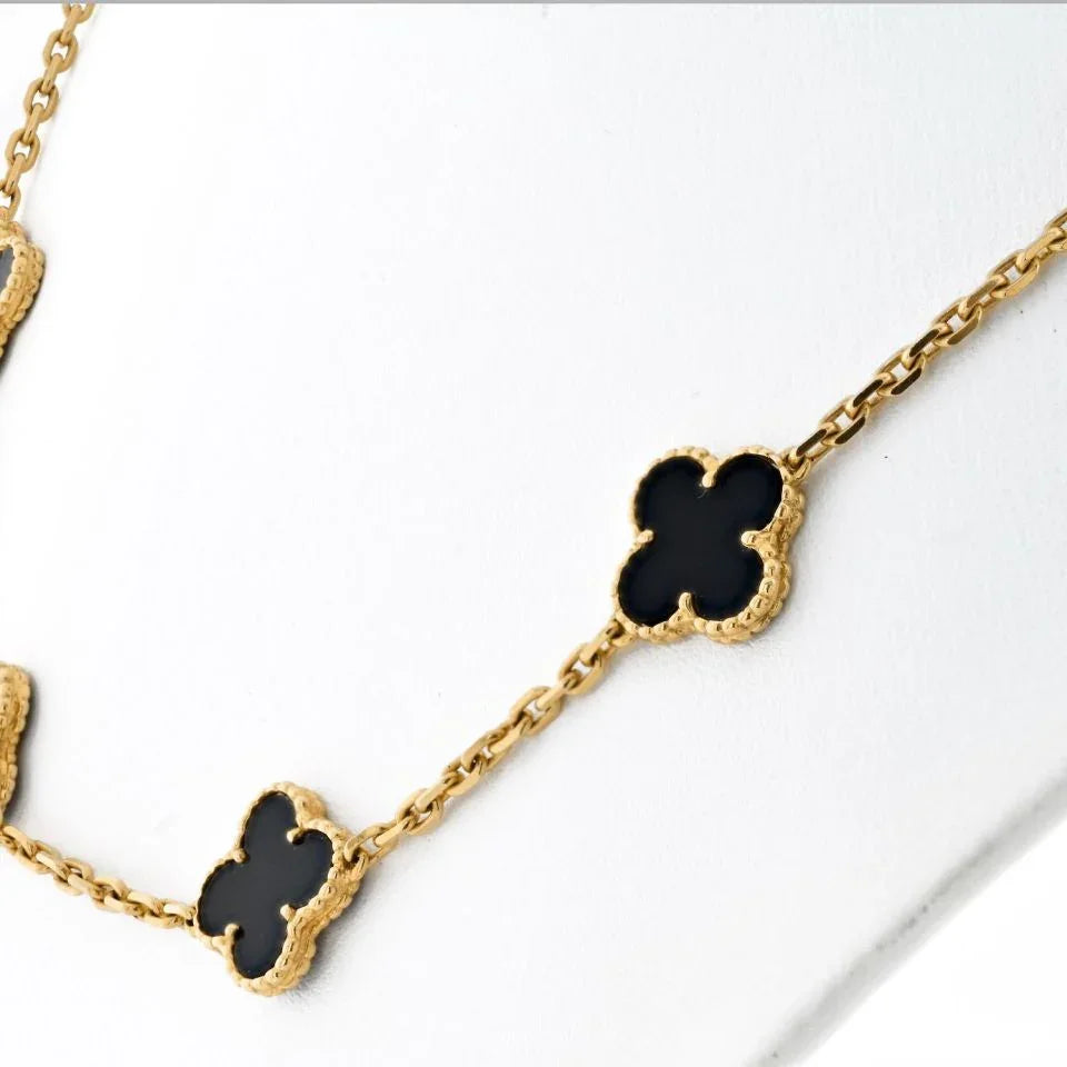 Van Cleef & Arpels Alhambra 18K Yellow Gold Black Onyx 10 Motif Necklace - The Back Vault
