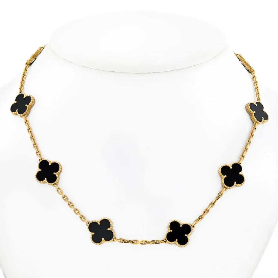 Van Cleef & Arpels Alhambra 18K Yellow Gold Black Onyx 10 Motif Necklace - The Back Vault