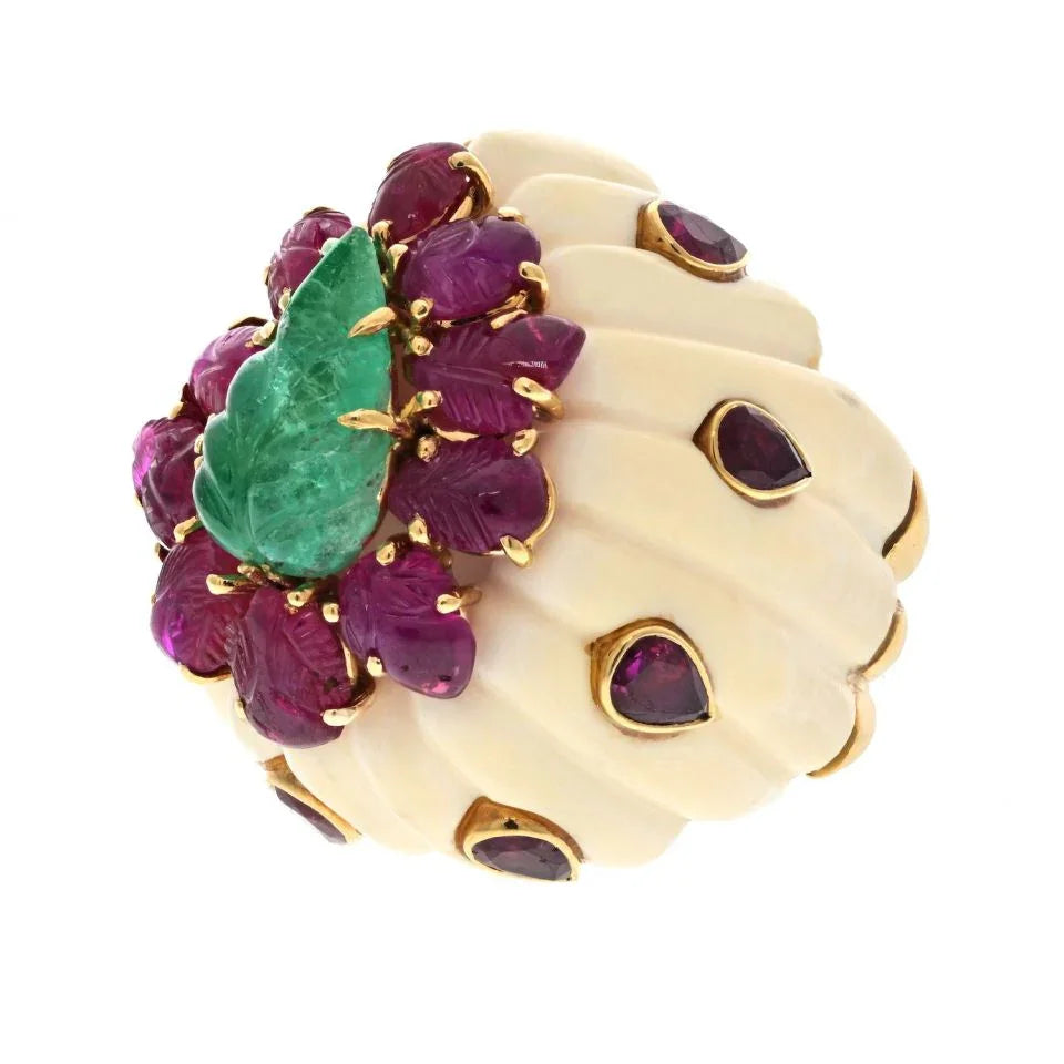 David Webb 18K Yellow Gold Ruby, Emerald Flutted Bombe Style Ring - The Back Vault