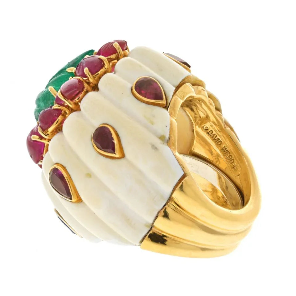 David Webb 18K Yellow Gold Ruby, Emerald Flutted Bombe Style Ring - The Back Vault