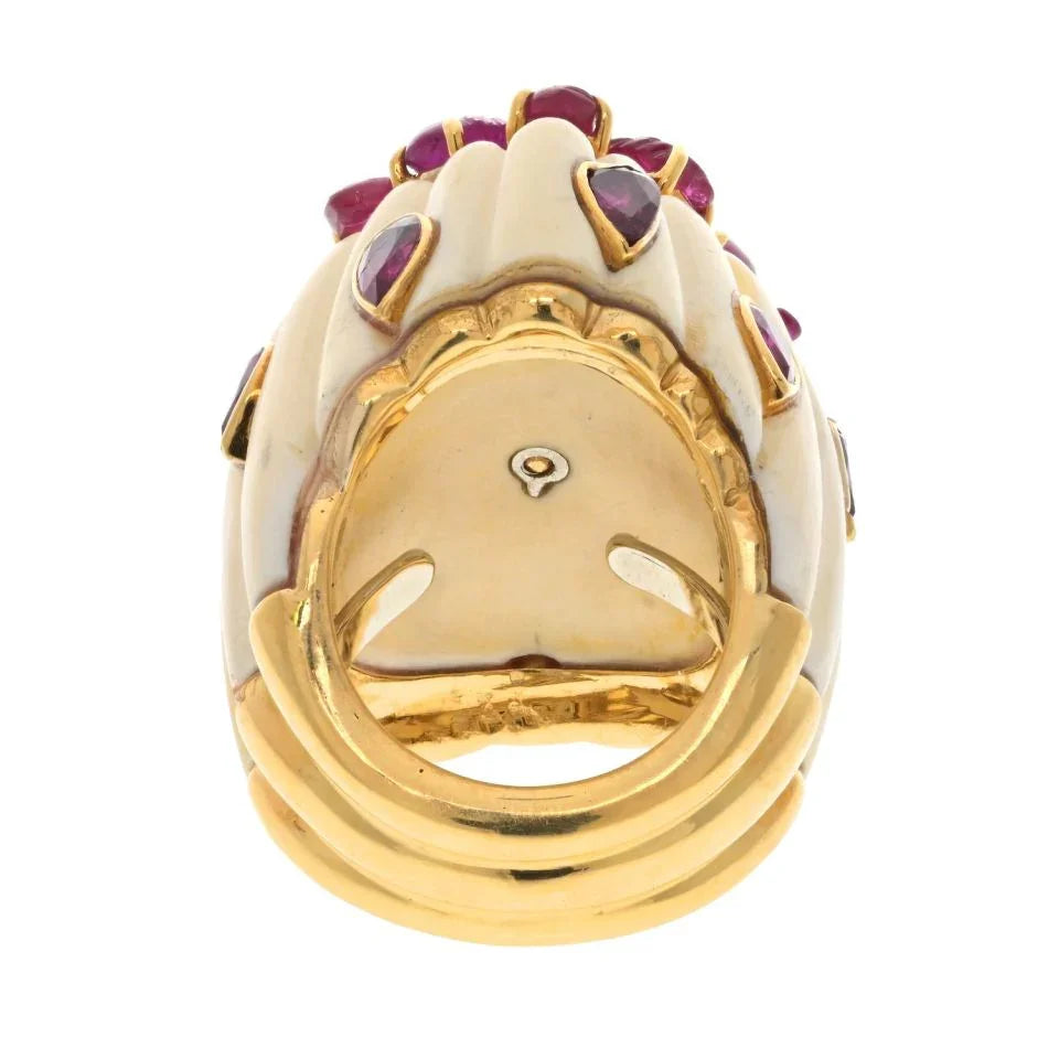 David Webb 18K Yellow Gold Ruby, Emerald Flutted Bombe Style Ring - The Back Vault