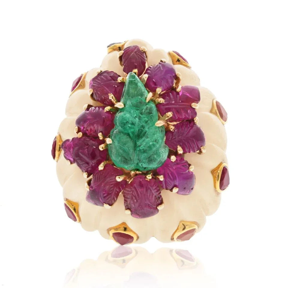 David Webb 18K Yellow Gold Ruby, Emerald Flutted Bombe Style Ring - The Back Vault