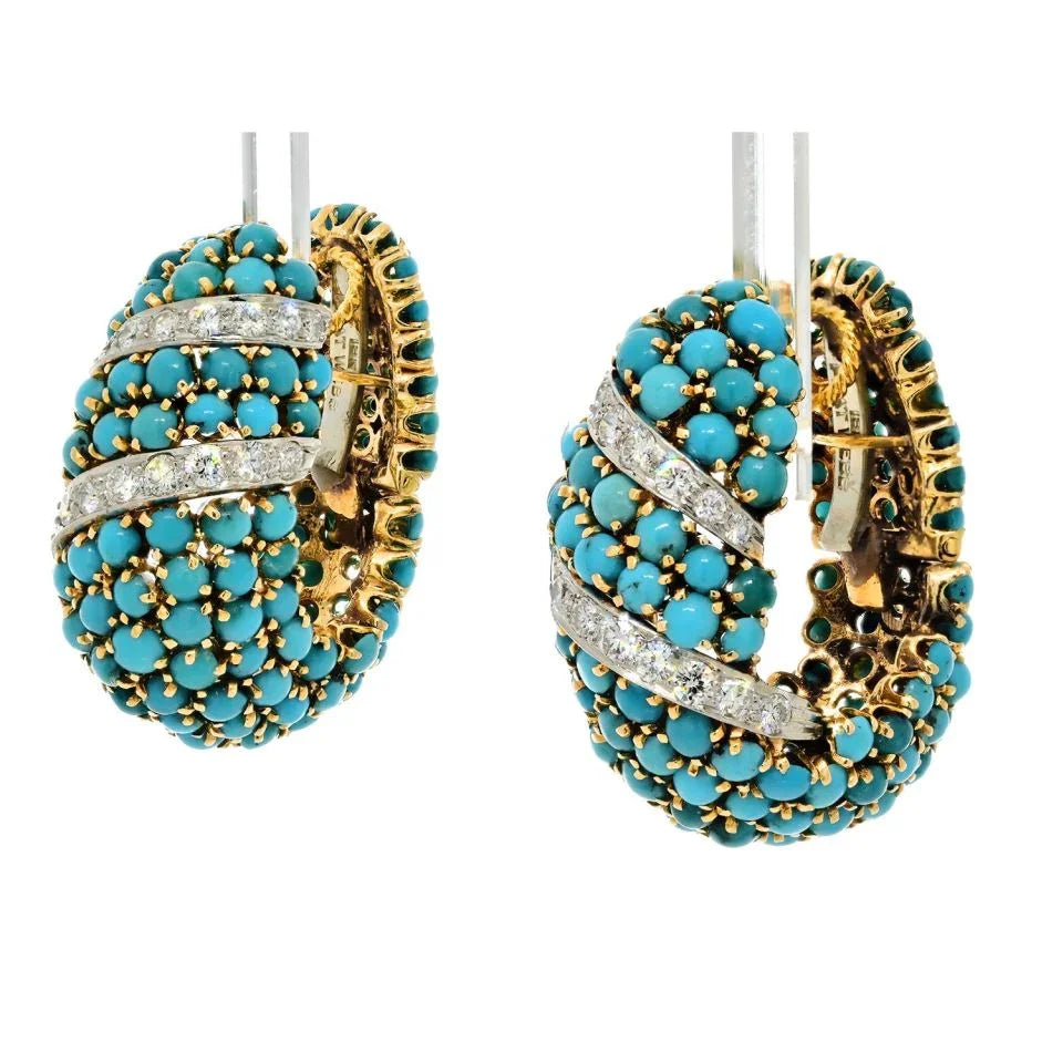 David Webb Platinum & 18K Yellow Gold Turquoise And Diamonds Shrimp Hoop Clip Earrings - The Back Vault