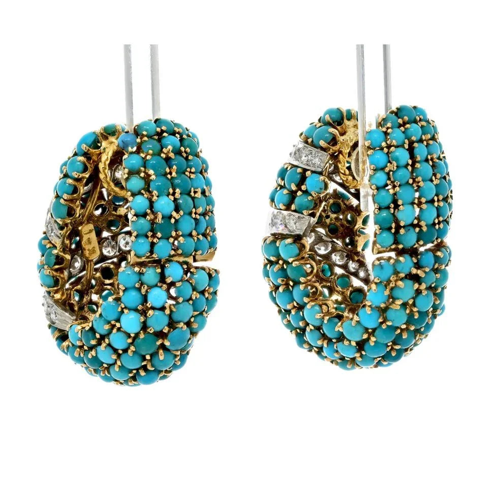David Webb Platinum & 18K Yellow Gold Turquoise And Diamonds Shrimp Hoop Clip Earrings - The Back Vault