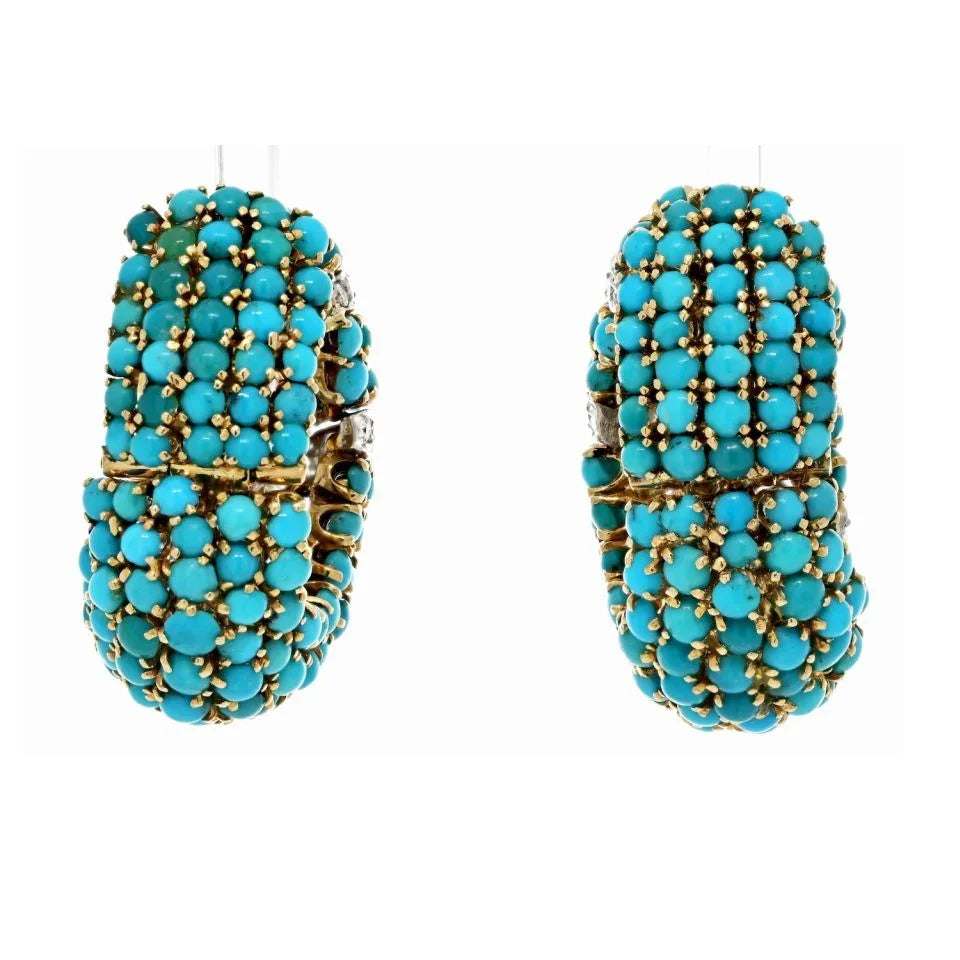 David Webb Platinum & 18K Yellow Gold Turquoise And Diamonds Shrimp Hoop Clip Earrings - The Back Vault