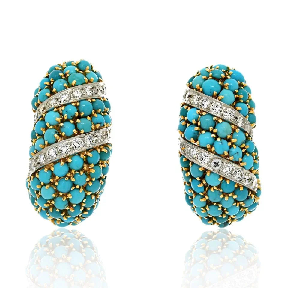 David Webb Platinum & 18K Yellow Gold Turquoise And Diamonds Shrimp Hoop Clip Earrings - The Back Vault