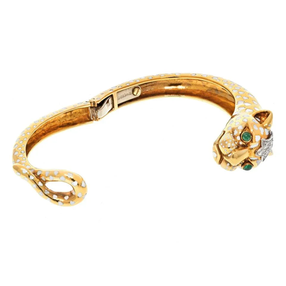 David Webb Platinum & 18K Yellow Gold White Spotted Panthere Cuff Bangle Bracelet - The Back Vault