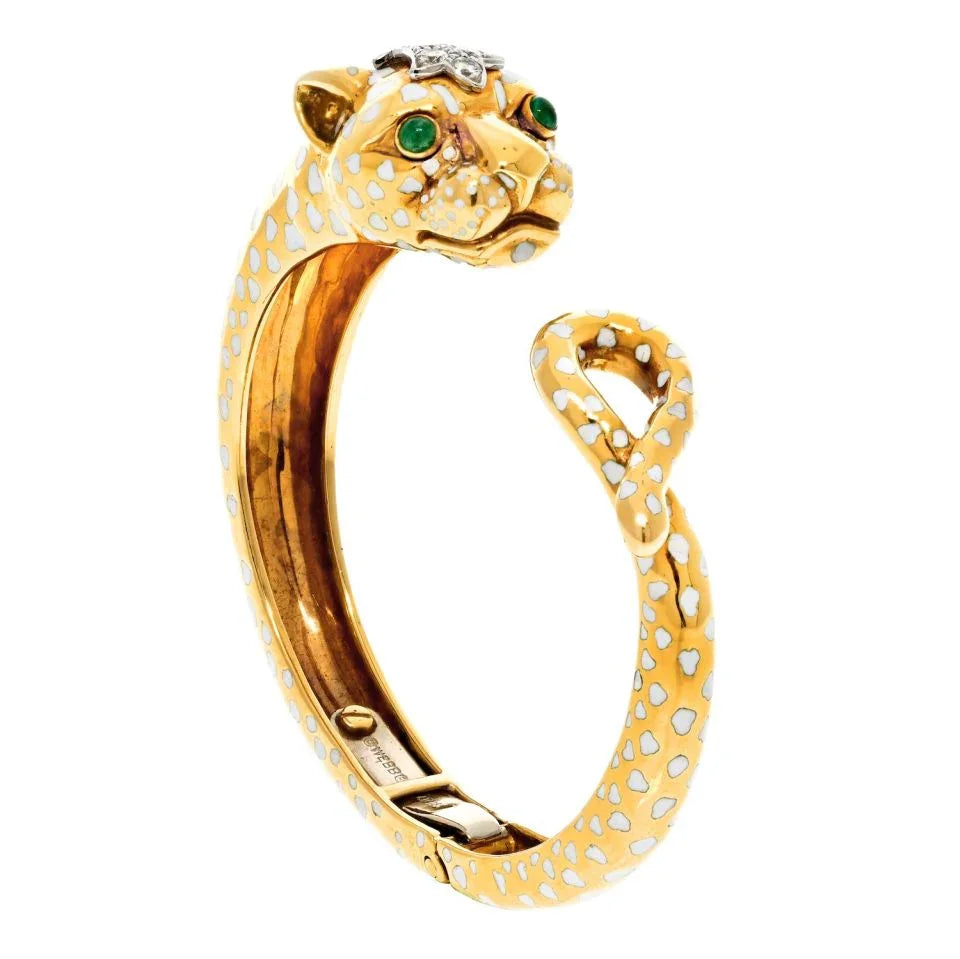 David Webb Platinum & 18K Yellow Gold White Spotted Panthere Cuff Bangle Bracelet - The Back Vault