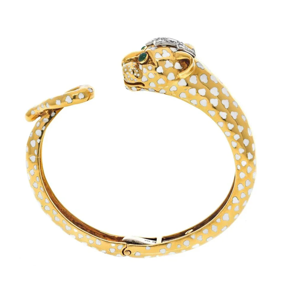 David Webb Platinum & 18K Yellow Gold White Spotted Panthere Cuff Bangle Bracelet - The Back Vault