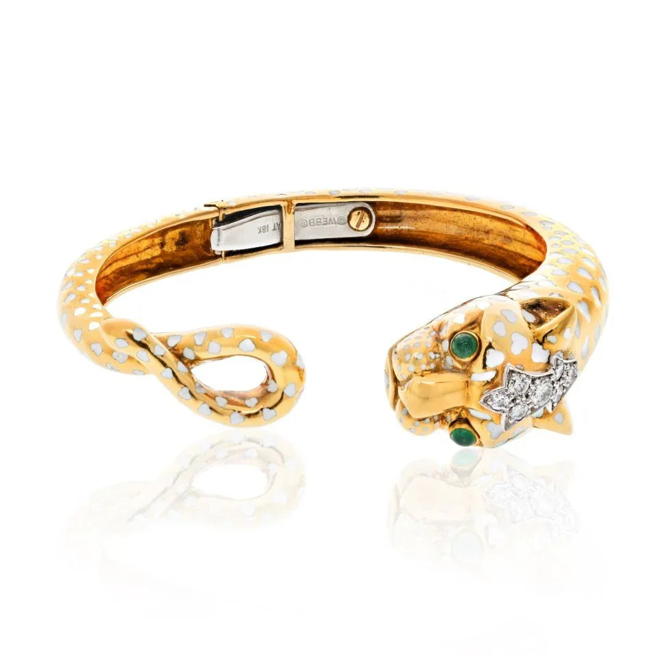 David Webb Platinum & 18K Yellow Gold White Spotted Panthere Cuff Bangle Bracelet - The Back Vault