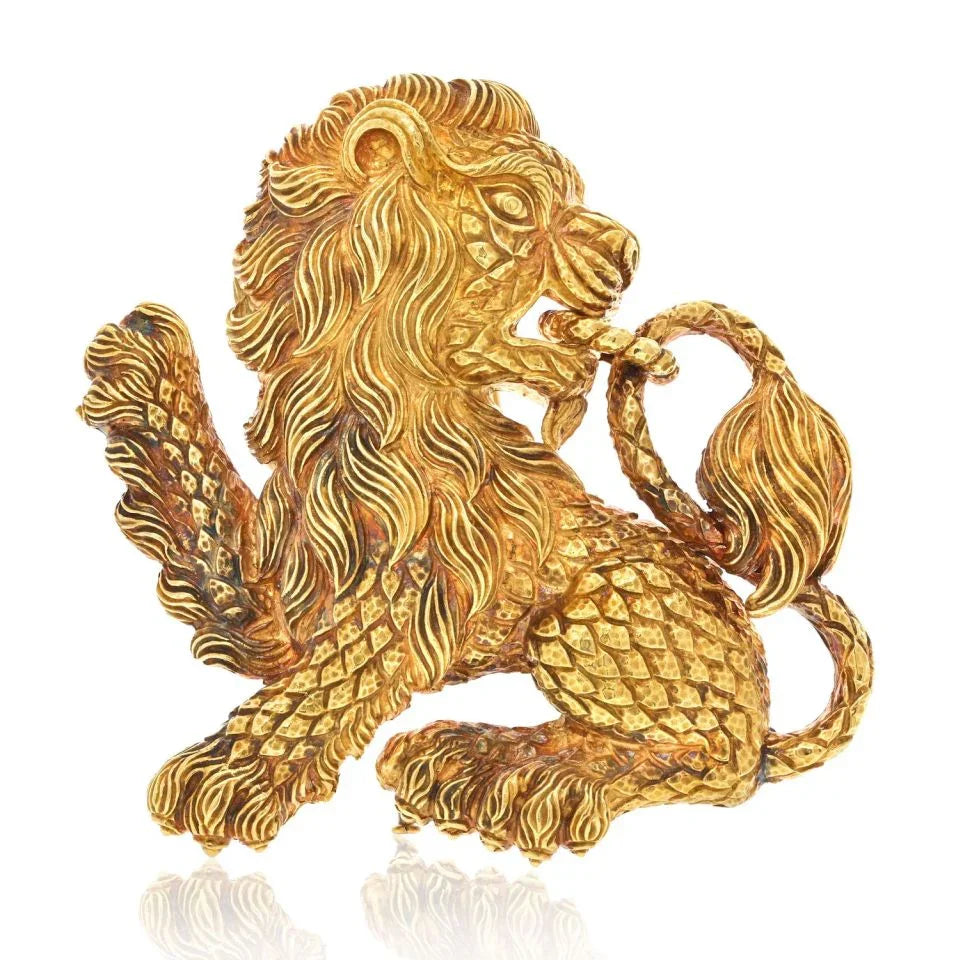 David Webb 18K Yellow Gold 1970's Lion Pendant Brooch - The Back Vault