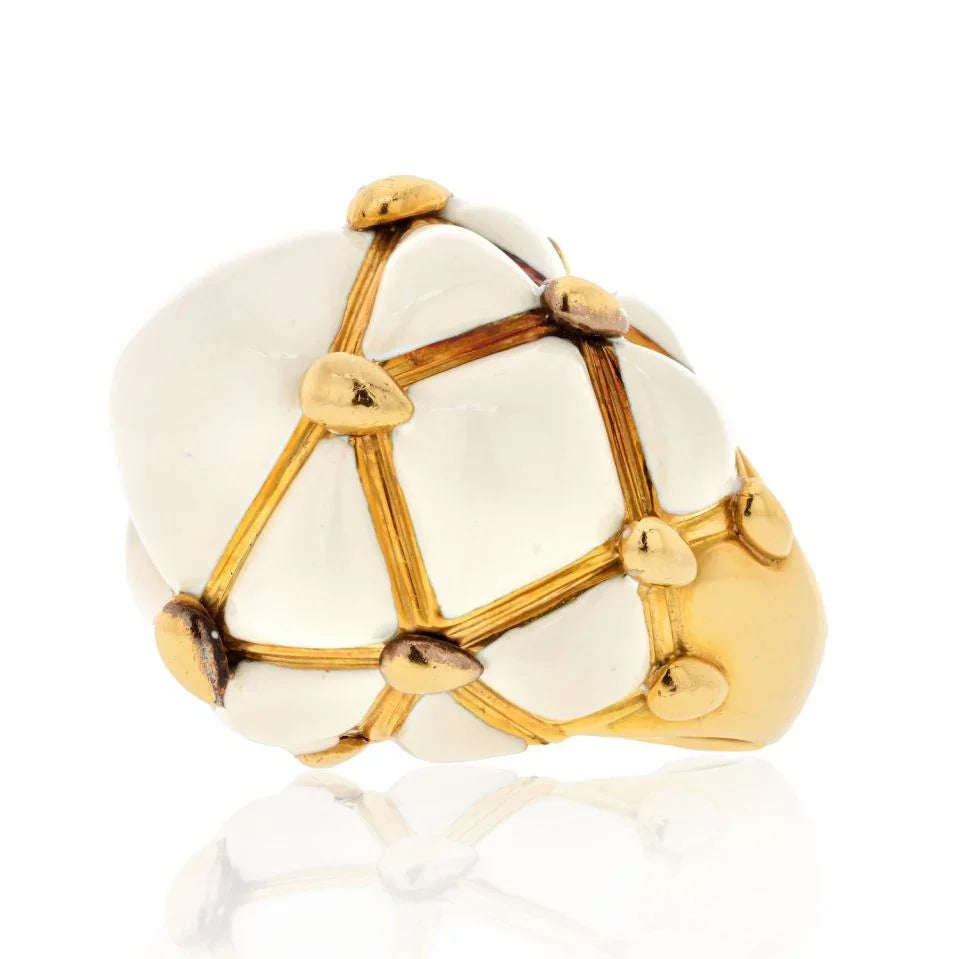 David Webb Platinum & 18K Yellow Gold Dome Off White Enamel Cream Criss Cross Cocktail Ring - The Back Vault