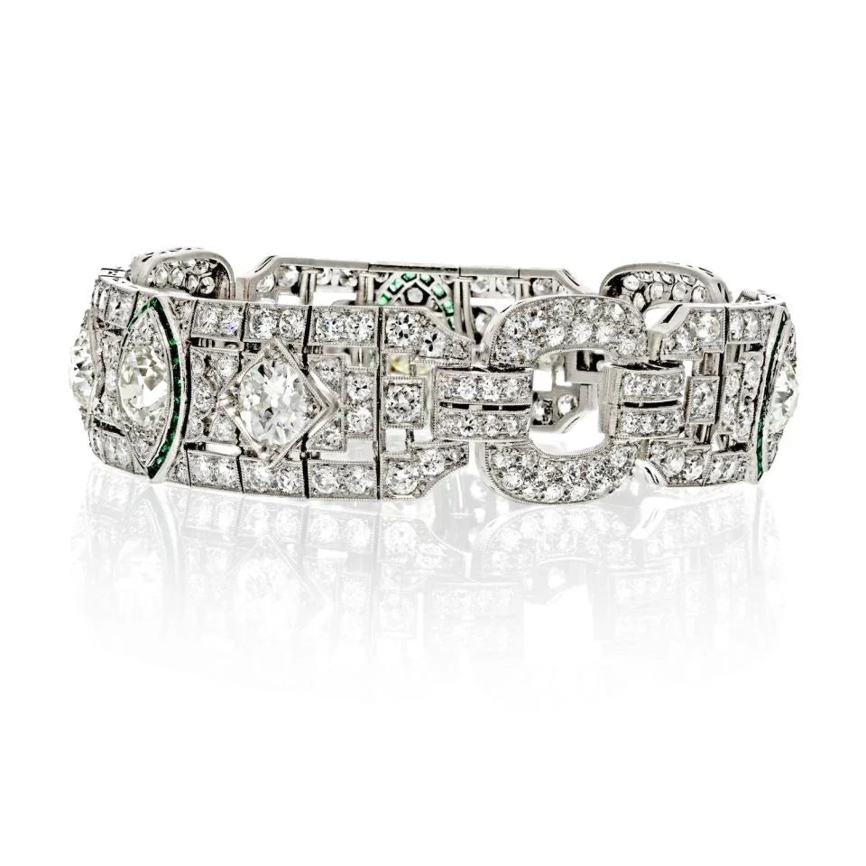 Platinum 16.00cttw Art Deco Diamond And Green Emerald Bracelet - The Back Vault