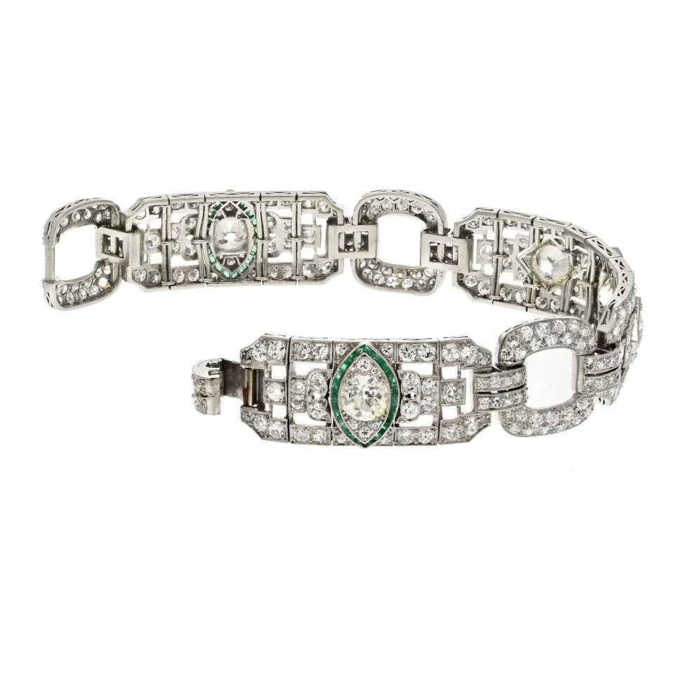Platinum 16.00cttw Art Deco Diamond And Green Emerald Bracelet - The Back Vault
