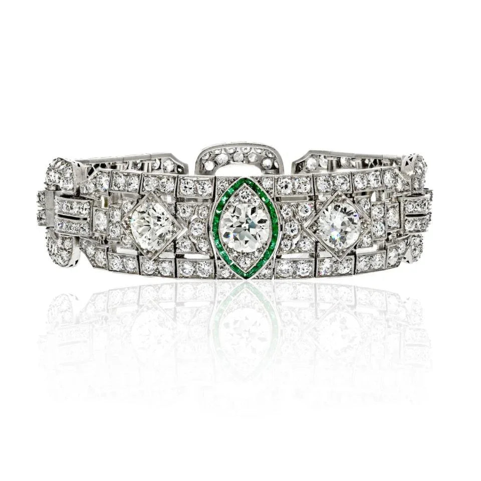 Platinum 16.00cttw Art Deco Diamond And Green Emerald Bracelet - The Back Vault