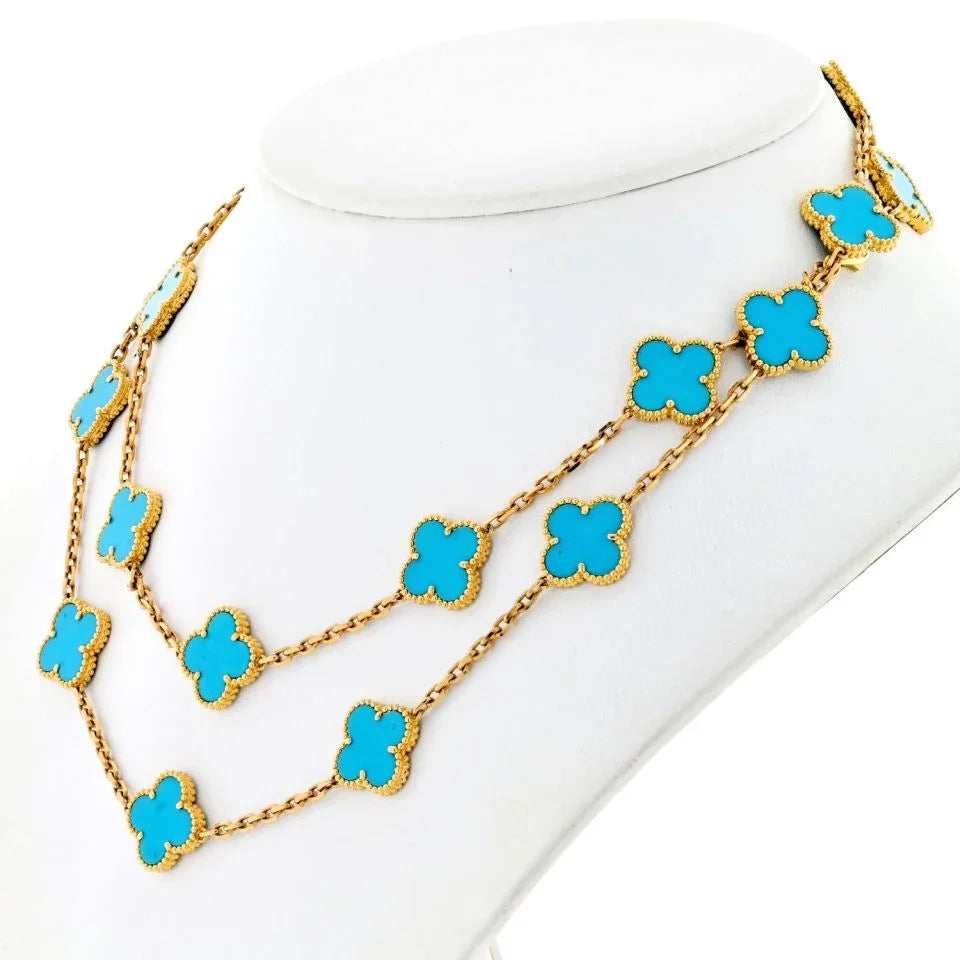Van Cleef & Arpels Alhambra 18K Yellow Gold 20 Motif Turquoise Alhambra Very Rare Box And Papers Necklace - The Back Vault