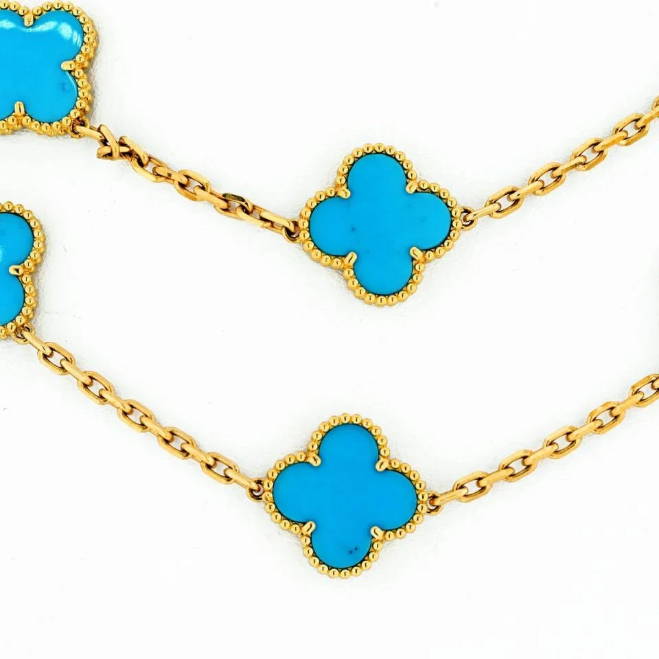 Van Cleef & Arpels Alhambra 18K Yellow Gold 20 Motif Turquoise Alhambra Very Rare Box And Papers Necklace - The Back Vault