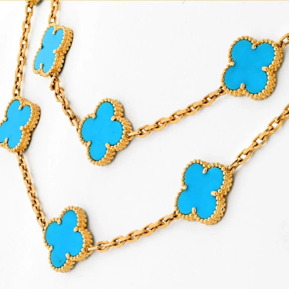 Van Cleef & Arpels Alhambra 18K Yellow Gold 20 Motif Turquoise Alhambra Very Rare Box And Papers Necklace - The Back Vault