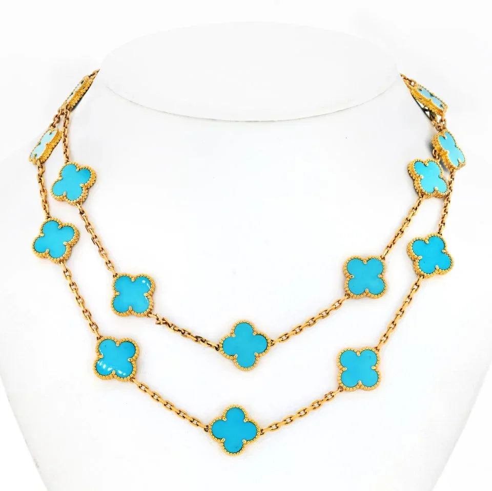 Van Cleef & Arpels Alhambra 18K Yellow Gold 20 Motif Turquoise Alhambra Very Rare Box And Papers Necklace - The Back Vault