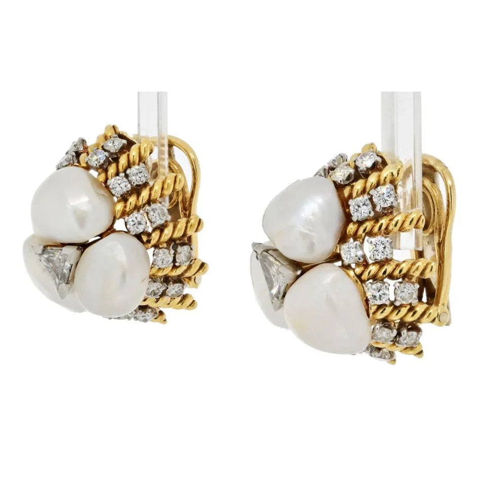 David Webb Platinum & 18K Yellow Gold Diamond, Pearl, Dome Style Clip On Earrings - The Back Vault