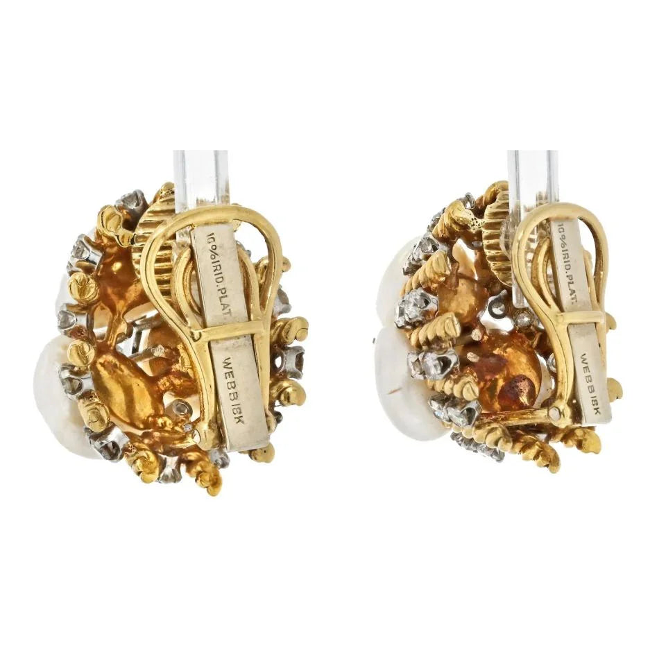 David Webb Platinum & 18K Yellow Gold Diamond, Pearl, Dome Style Clip On Earrings - The Back Vault