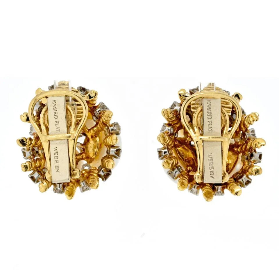 David Webb Platinum & 18K Yellow Gold Diamond, Pearl, Dome Style Clip On Earrings - The Back Vault