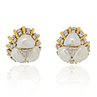 David Webb Platinum & 18K Yellow Gold Diamond, Pearl, Dome Style Clip On Earrings - The Back Vault