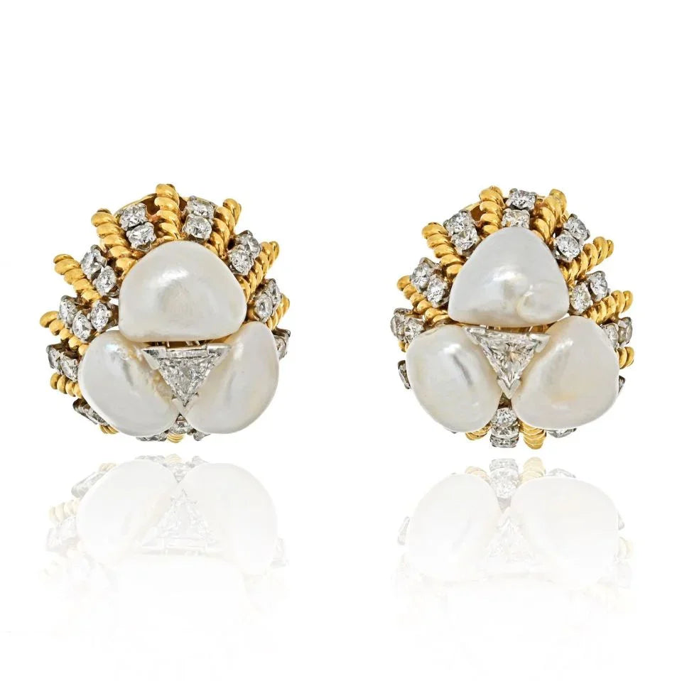 David Webb Platinum & 18K Yellow Gold Diamond, Pearl, Dome Style Clip On Earrings - The Back Vault