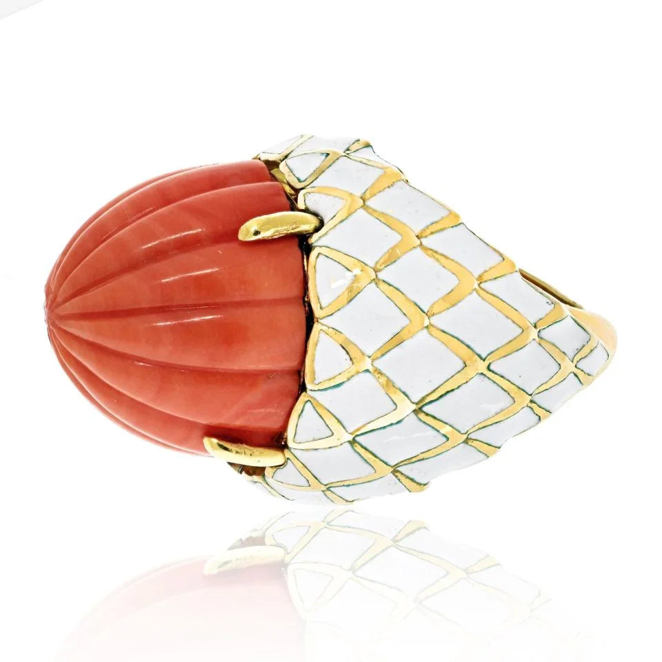 David Webb Bombe Platinum & 18K Yellow Gold Carved Coral White Enamel Ring - The Back Vault