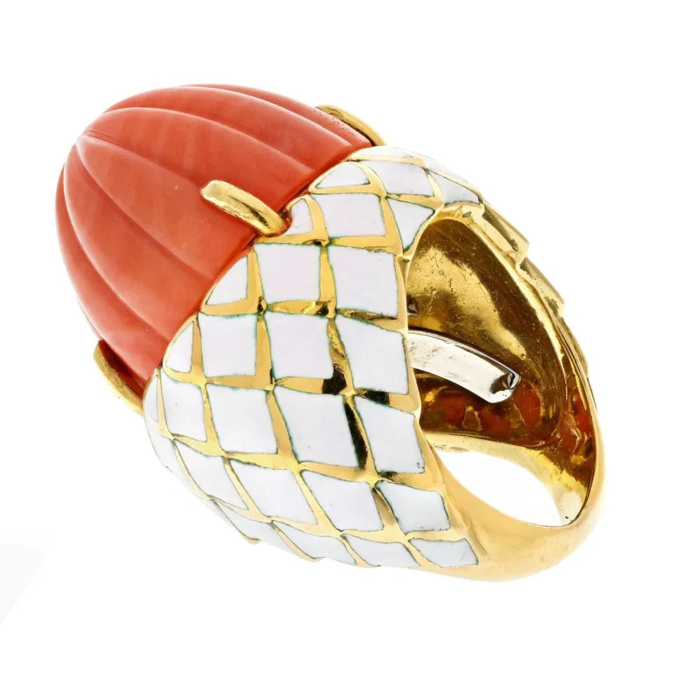 David Webb Bombe Platinum & 18K Yellow Gold Carved Coral White Enamel Ring - The Back Vault