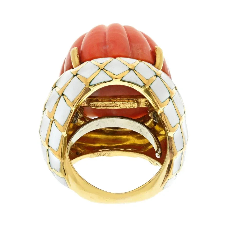 David Webb Bombe Platinum & 18K Yellow Gold Carved Coral White Enamel Ring - The Back Vault