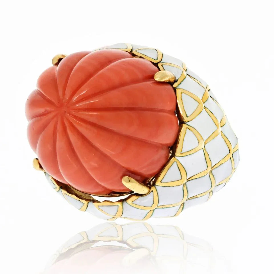 David Webb Bombe Platinum & 18K Yellow Gold Carved Coral White Enamel Ring - The Back Vault