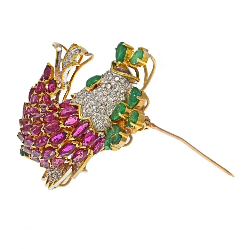 18K Two Tone Ruby, Diamond and Emerald Fish Brooch - The Back Vault