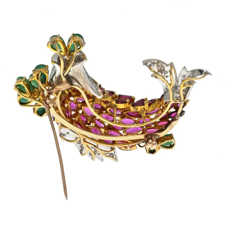 18K Two Tone Ruby, Diamond and Emerald Fish Brooch - The Back Vault