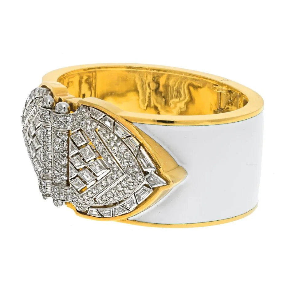 David Webb Platinum & 18K Yellow Gold White Enamel Shield Diamond Clips Cuff Bracelet - The Back Vault
