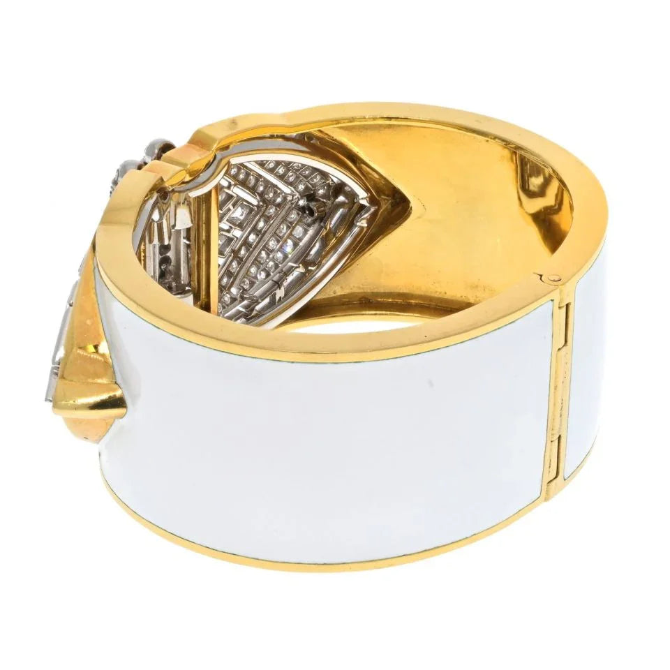 David Webb Platinum & 18K Yellow Gold White Enamel Shield Diamond Clips Cuff Bracelet - The Back Vault