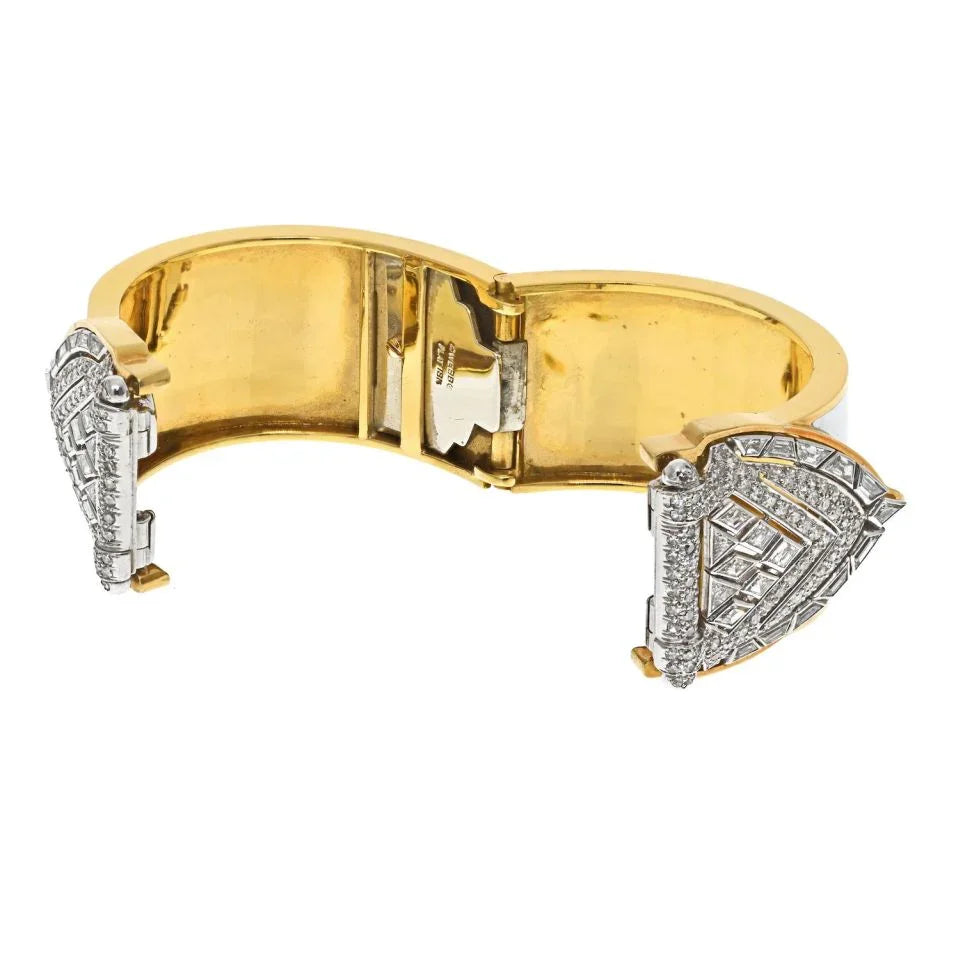 David Webb Platinum & 18K Yellow Gold White Enamel Shield Diamond Clips Cuff Bracelet - The Back Vault